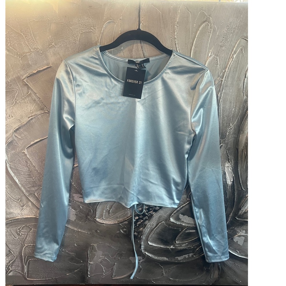 Blue Satin Crop Top Open Cinched Tie Back Long Sleeve Party Top Forever 21-M-New